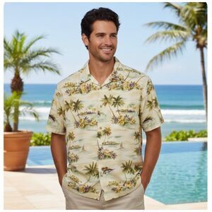 Pierre Cardin Hawaiian Shirt Cotton Palm Trees Button Front Mens Size 2XL